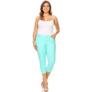Yelete Women's Plus Size Pants Solid Straight Leg Crop Turquoise Sz XL 2XL 3XL